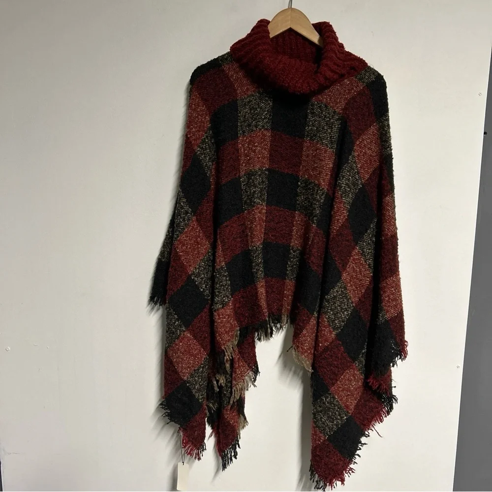 NWT-Simonetta Women’s One Size Color Block Cape‎ Cowl Neck Fringed Autumn Cozy